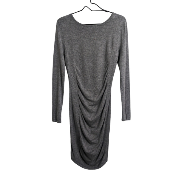 Express Gray Long Sleeve Bodycon Midi Dress  Ruched Draped Boat Neck Slim M - Picture 1 of 10